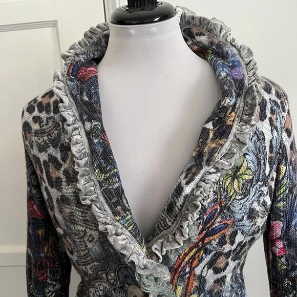 Vintage Alberto Makali Patchwork Sweater Jacket Ruched Ruffle Lace Cardigan sz S - Picture 2 of 10